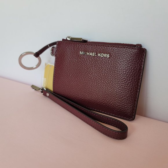 MICHAEL KORS Small Top-Zip Coin Pouch with ID Holder Pebbled Leather-Merlot ⭐$69 - Picture 4 of 16
